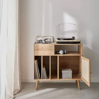 Meuble vinyle bois cannage 1 porte 83 cm vintage Bohème