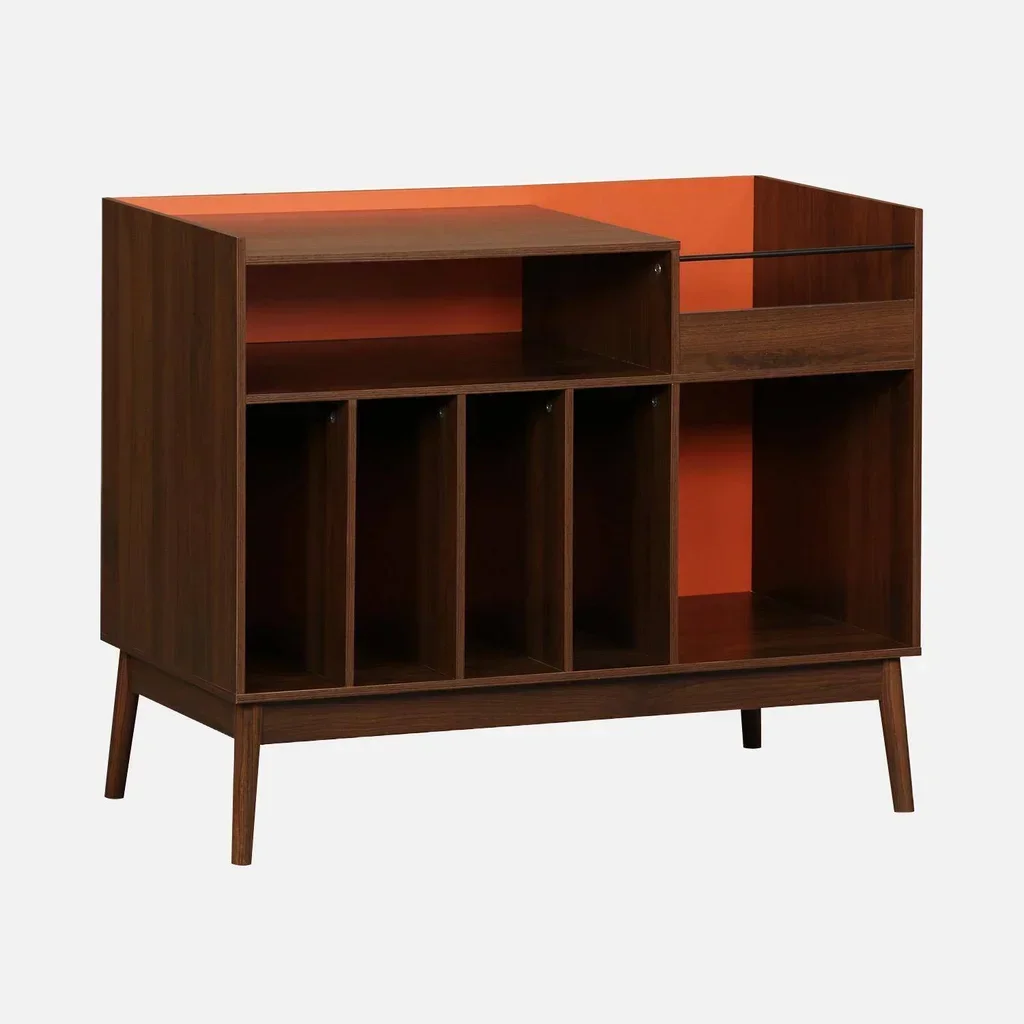Vintage Schallplattenregal zweifarbig 100cm Holz orange Nepal Kollektion Retro Möbel