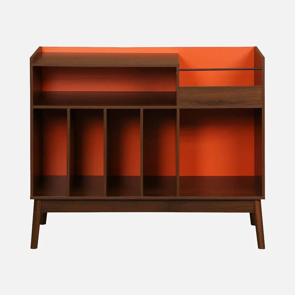 Vintage Schallplattenregal zweifarbig 100cm Holz orange Nepal Kollektion Retro Möbel