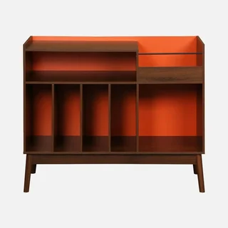 Vintage Schallplattenregal zweifarbig 100cm Holz orange Nepal Kollektion Retro Möbel