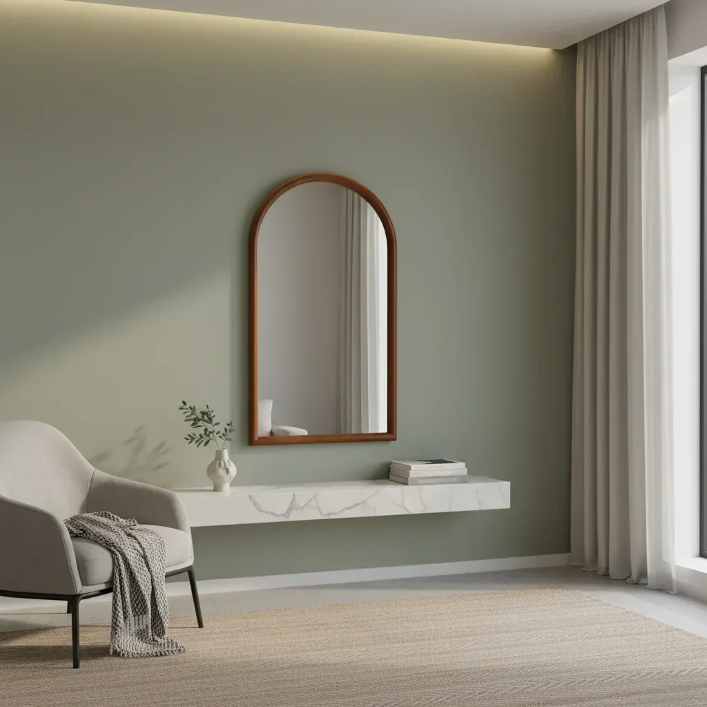 Miroir arche en bois pin teinté noyer mural vertical