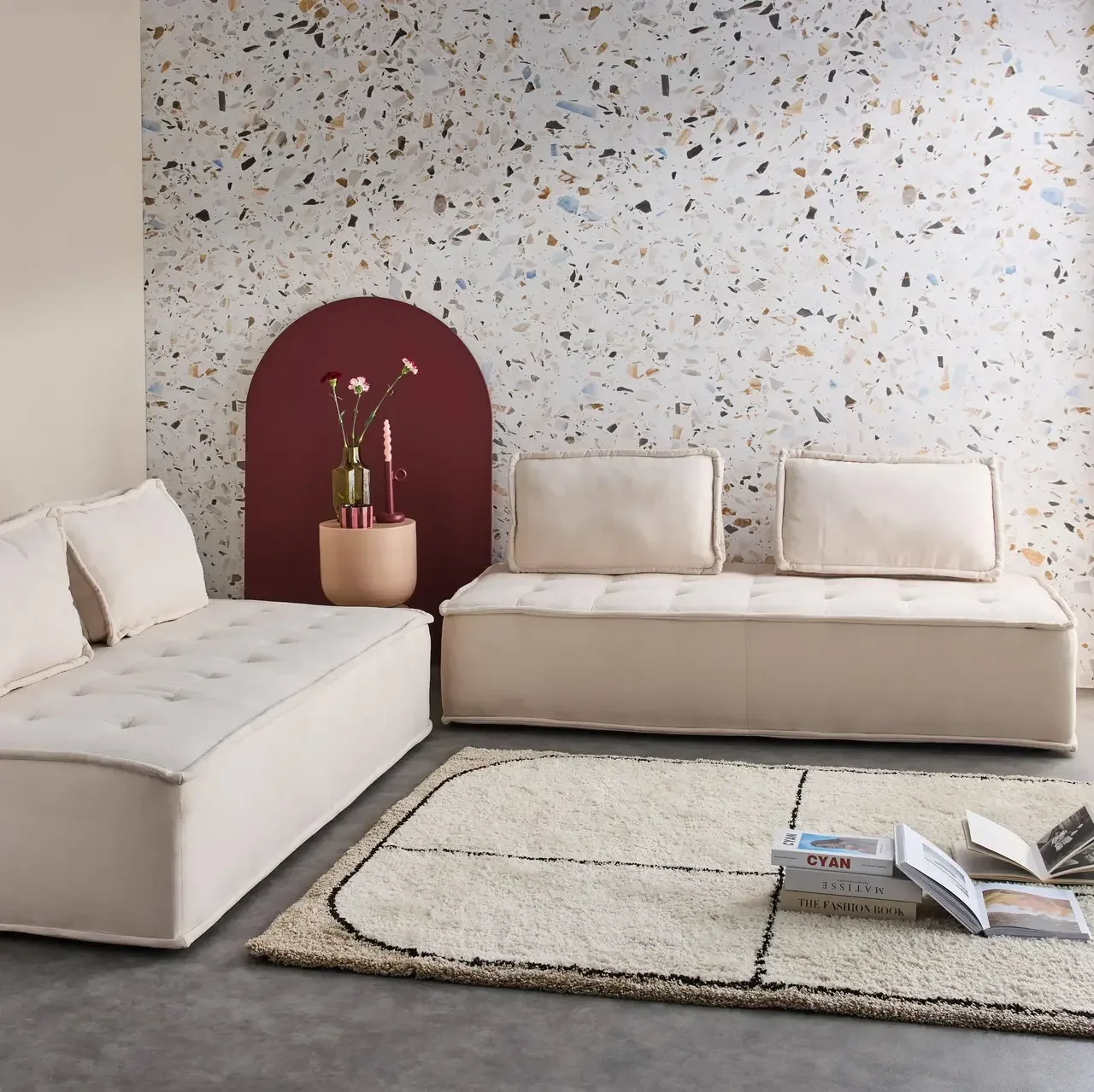 Module chauffeuse 2 places tissu capitonné crème - Lot de 2