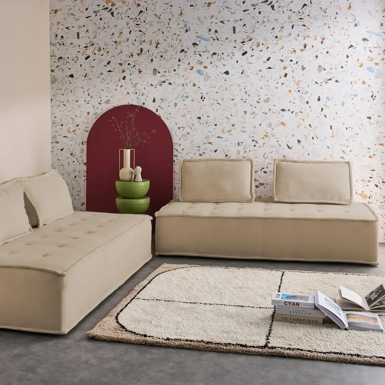 Module chauffeuse 2 places tissu capitonné crème - Lot de 2