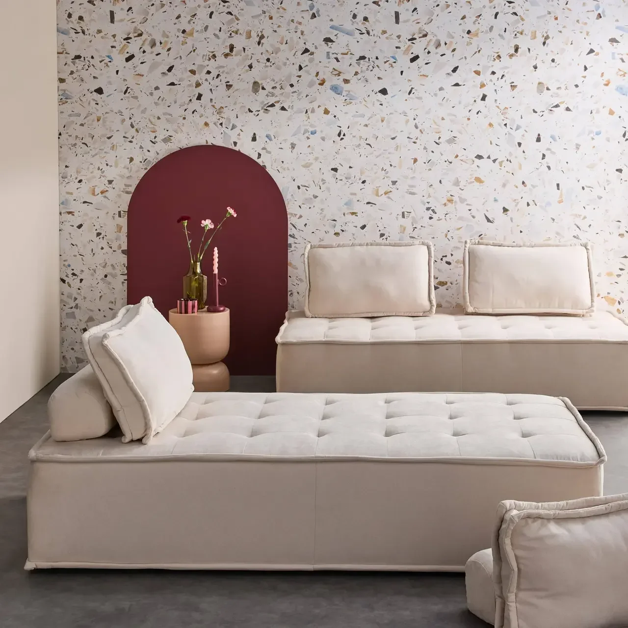 Module chauffeuse 2 places tissu capitonné crème - Lot de 2
