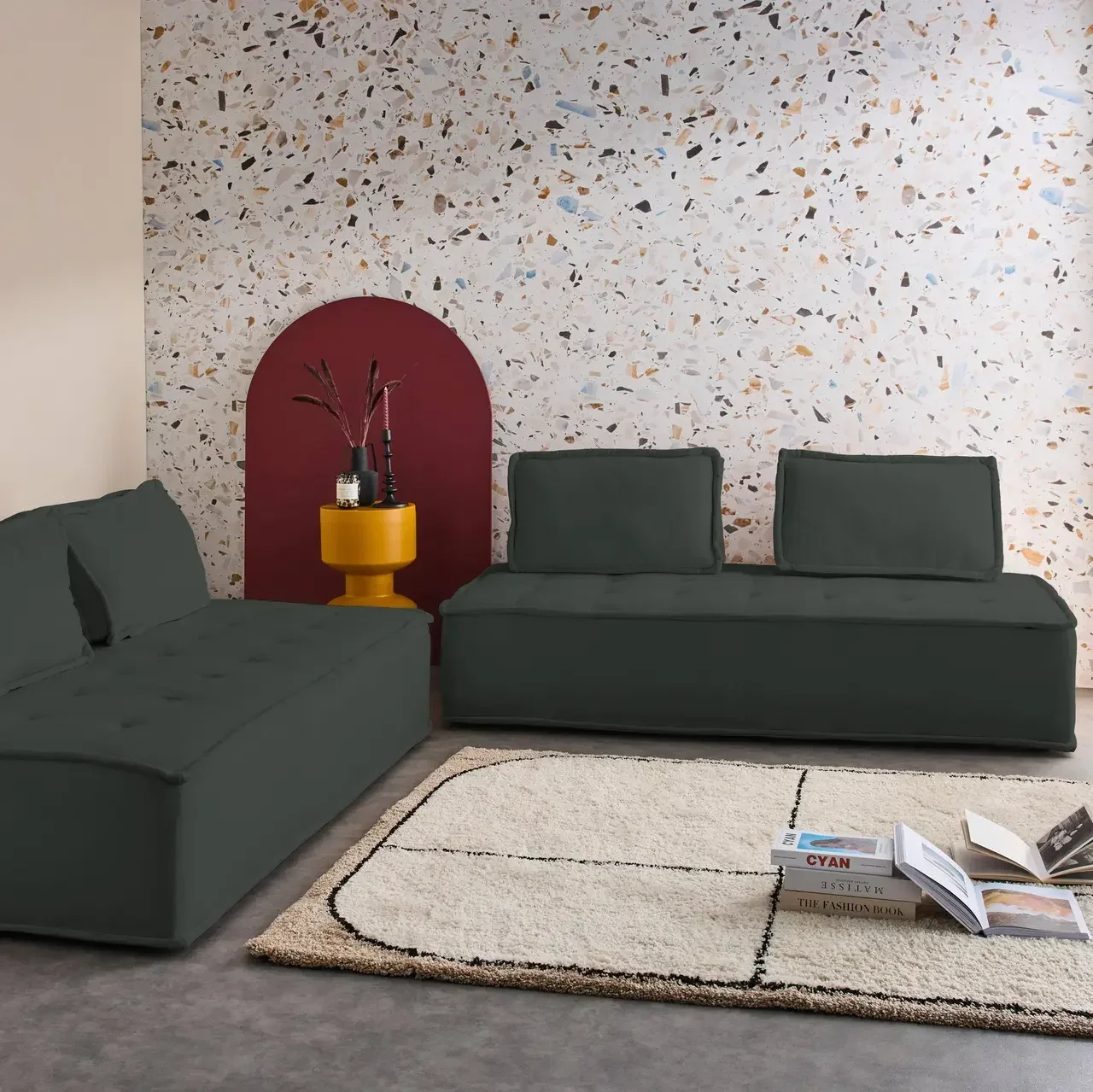 Lot de 2 chauffeuses modulables 2 places tissu capitonné crème