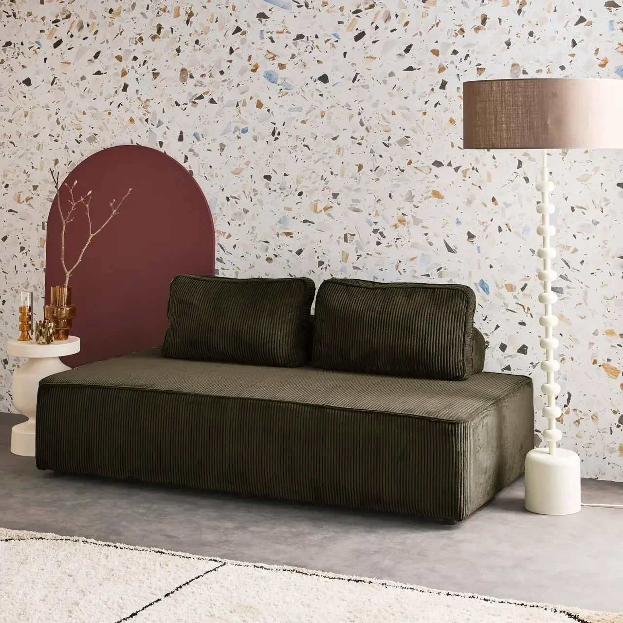 2-Seater Vintage Green Corduroy Modular Loveseat Sofa Lao 180cm