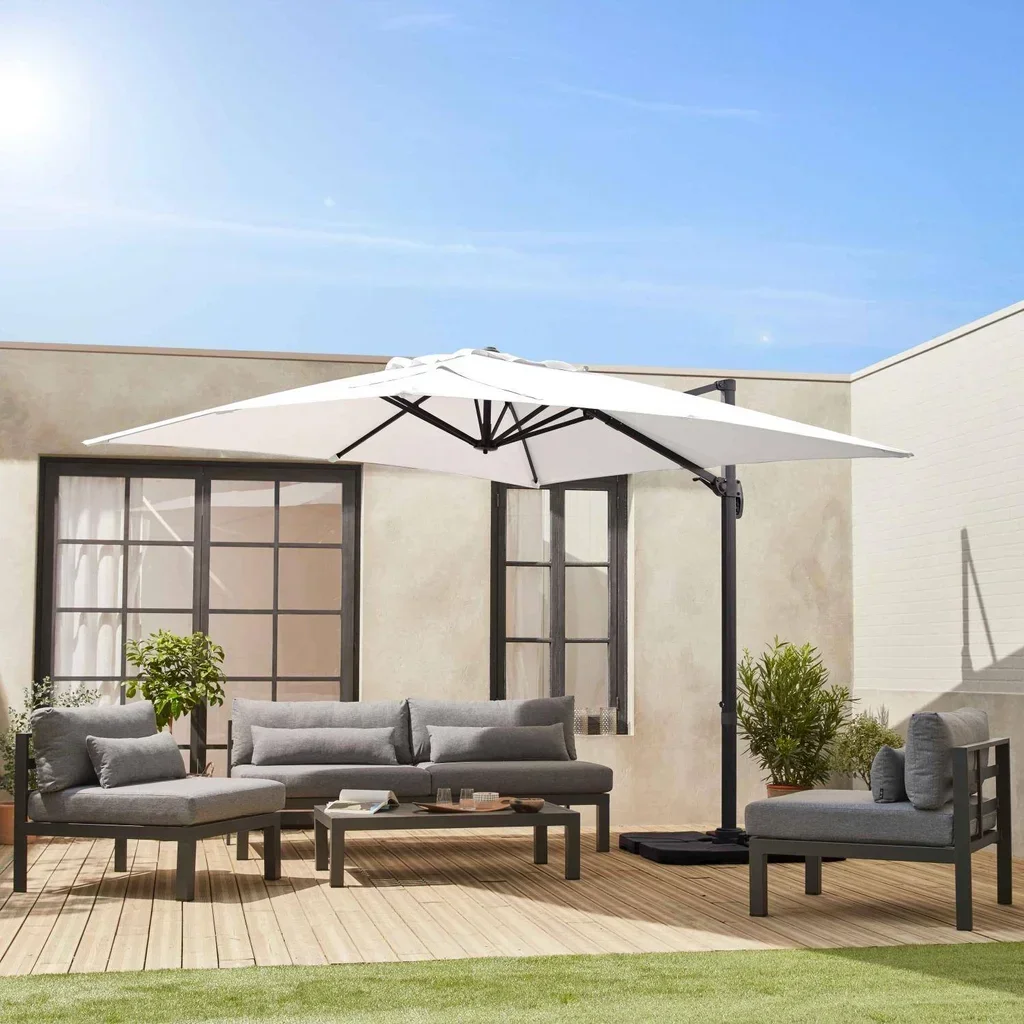 Parasol déporté 3x3m Falgos bleu canard avec 4 dalles de lestage