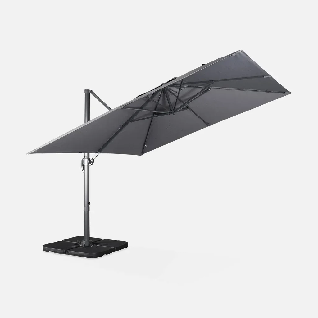 Parasol déporté 3x3m aluminium bleu canard avec 4 dalles lestage 50x50cm