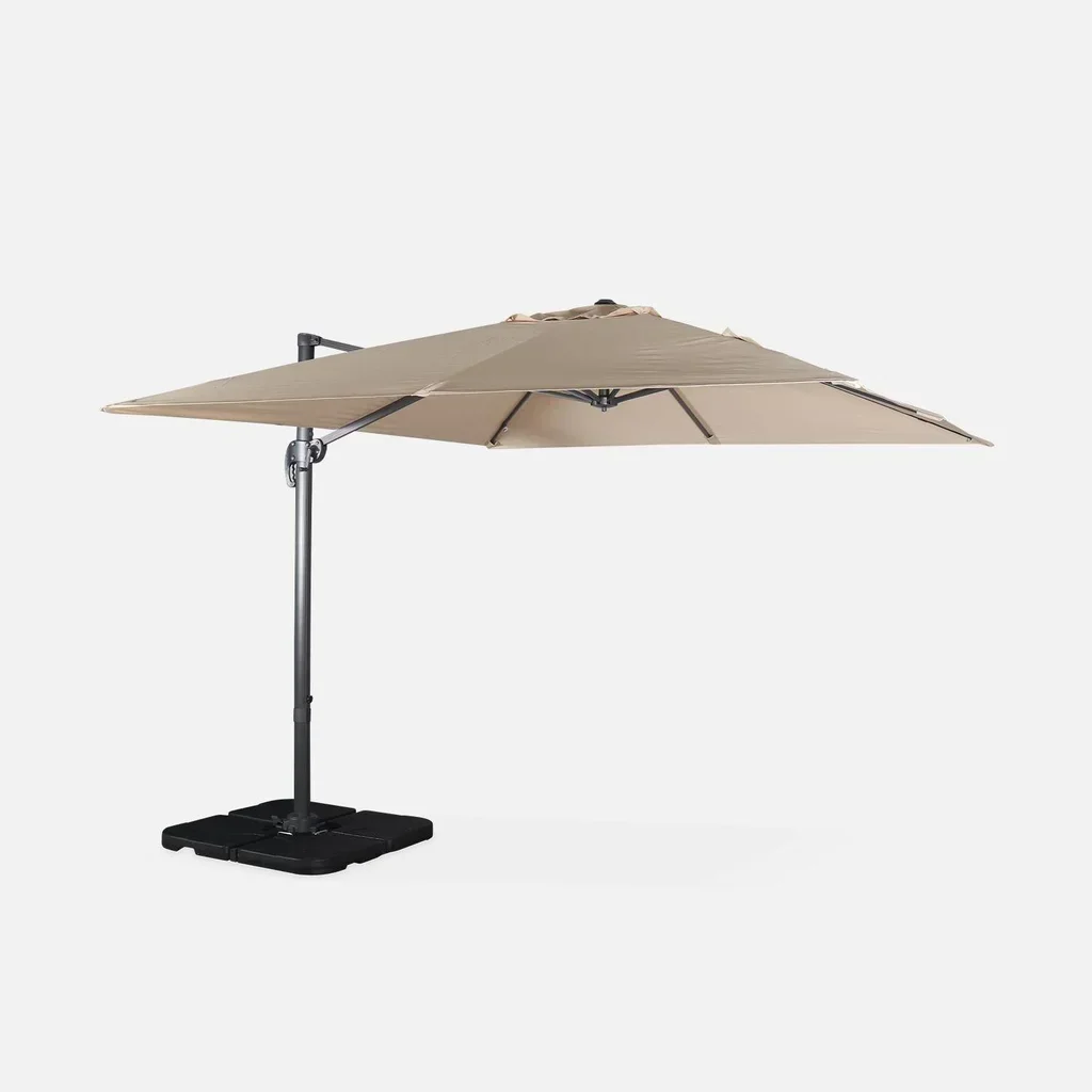Parasol déporté Falgos 3x3m bleu canard avec dalles de lestage 50x50cm