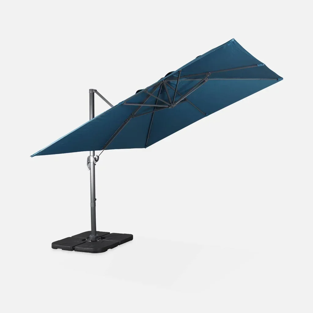 Parasol déporté 3x3m Falgos bleu canard avec 4 dalles lestage 50x50cm