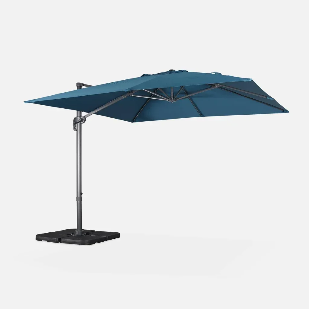 Parasol déporté 3x3m Falgos bleu canard avec 4 dalles lestage 50x50cm