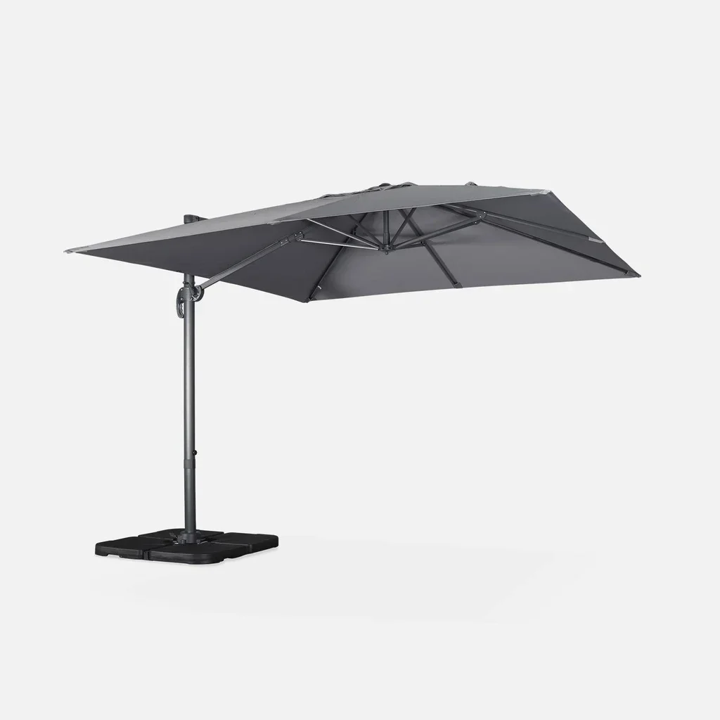 Parasol déporté 3x3m aluminium bleu canard avec 4 dalles lestage 50x50cm