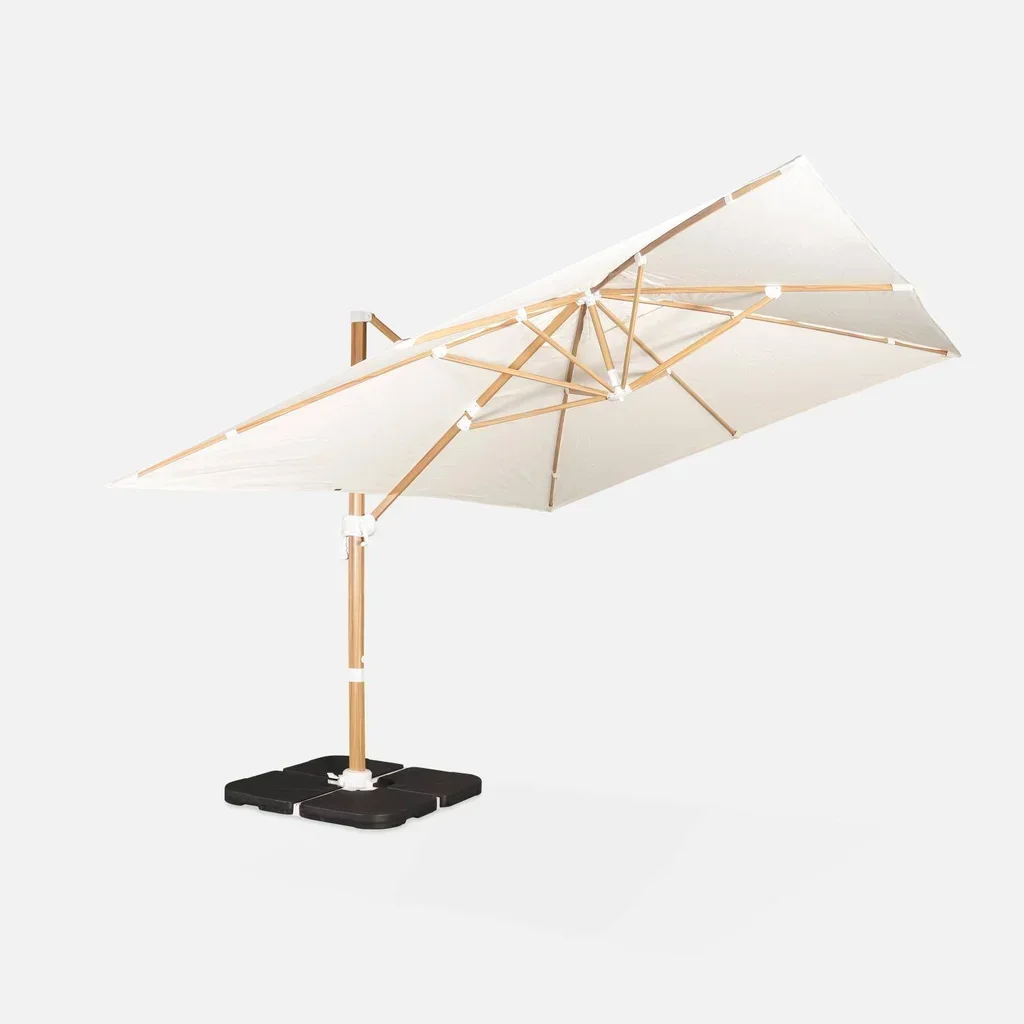 Parasol déporté rectangulaire 3x4m bois avec dalles lestage 50x50cm
