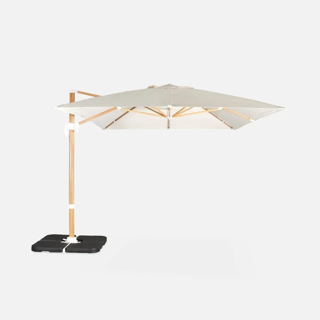 Parasol déporté rectangulaire 3x4m bois avec dalles lestage 50x50cm