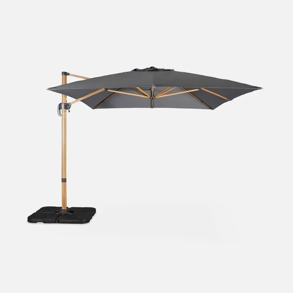 Parasol déporté 3x4m effet bois avec dalles lestage 50x50cm