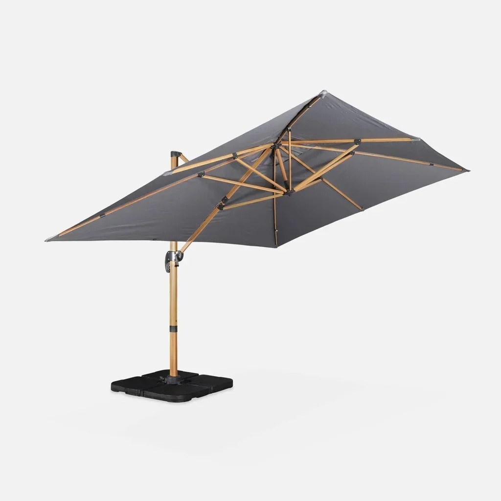 Parasol déporté 3x4m effet bois avec dalles lestage 50x50cm