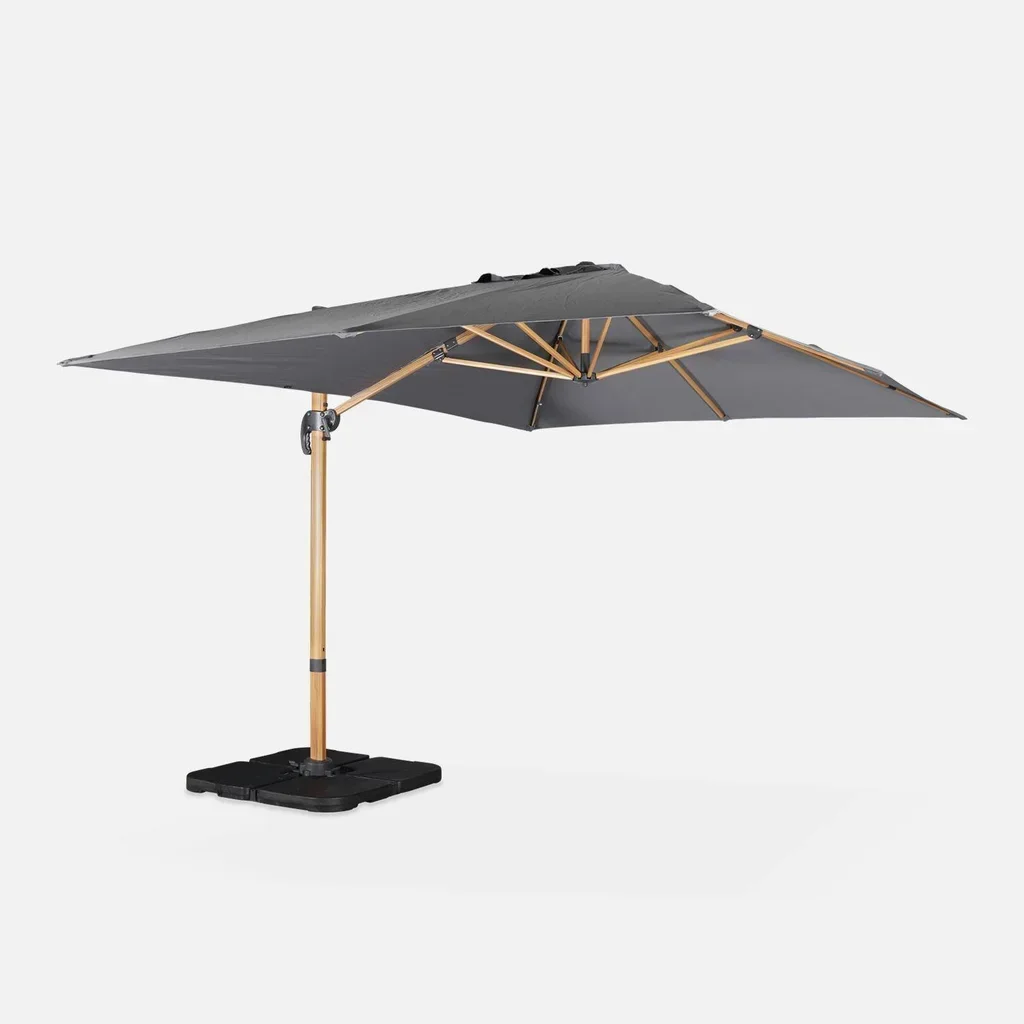 Parasol déporté 3x4m effet bois avec dalles lestage 50x50cm