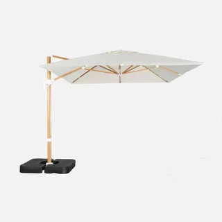 Parasol déporté rectangulaire 3x4m mât effet bois avec dalles de lestage 50x50cm