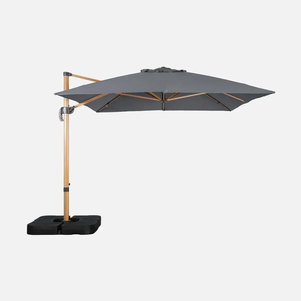 Parasol déporté 3x4m mât effet bois avec dalles de lestage 50x50cm
