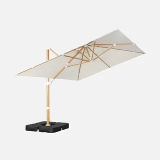 Parasol déporté rectangulaire 3x4m mât effet bois avec dalles de lestage 50x50cm
