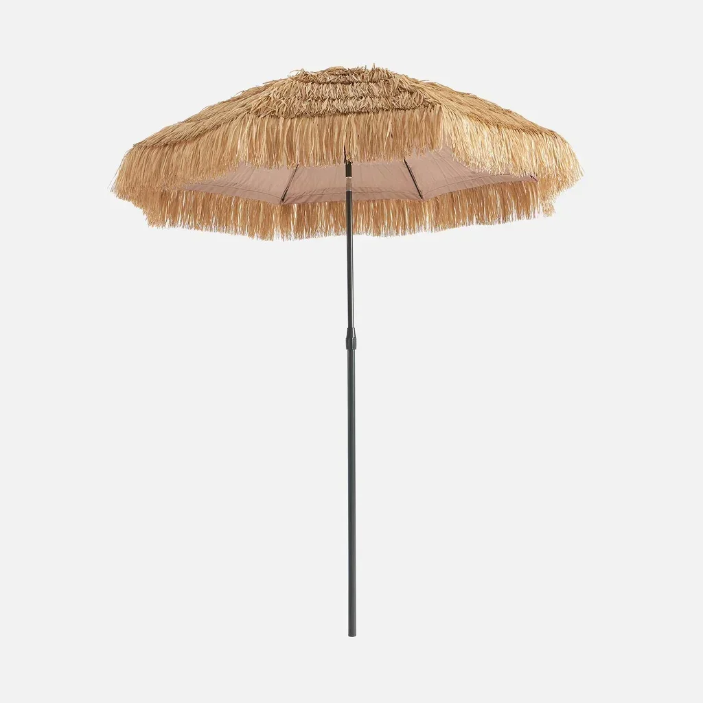 Parasol droit Monaco style exotique acier effet bois toit paille UPF+30 jardin