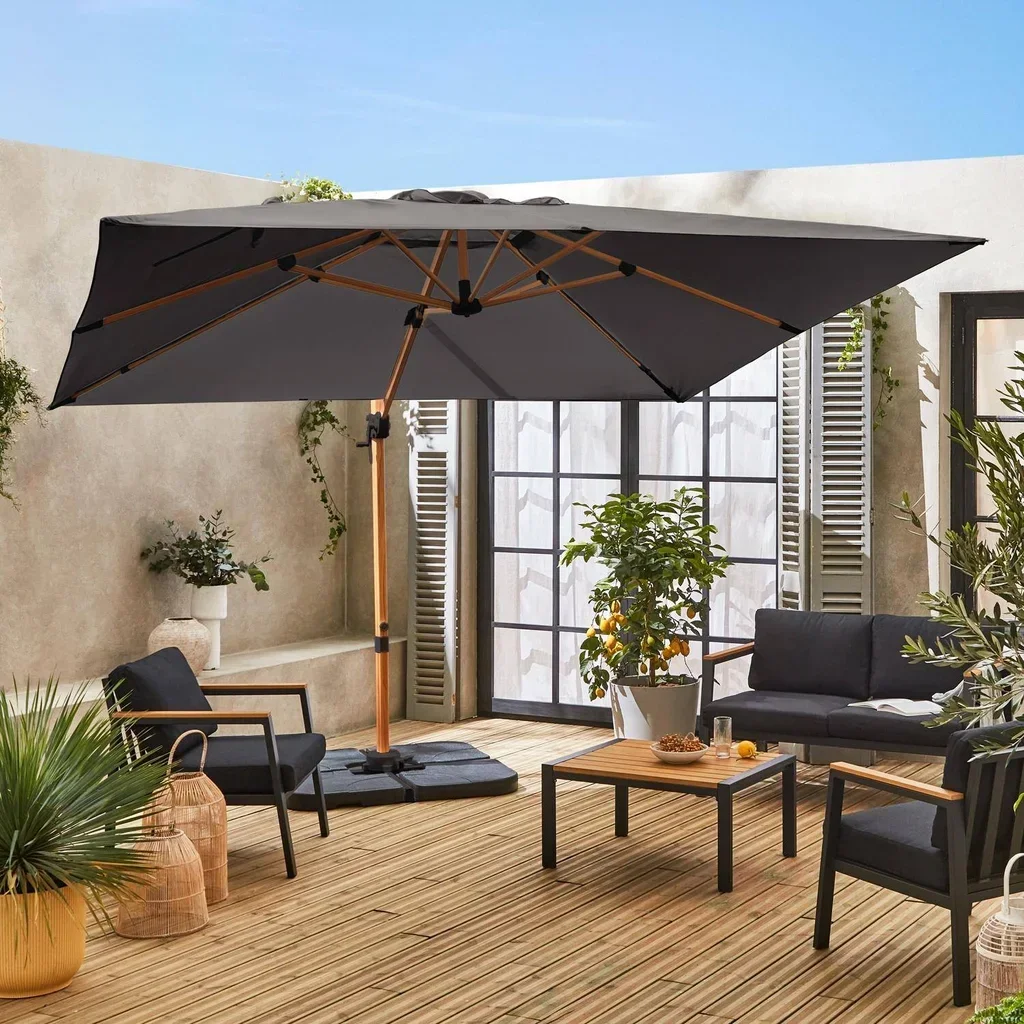 Parasol excentré carré 3x3 m aluminium effet bois avec toile déperlante