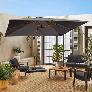 Parasol excentré carré 3x3 m aluminium effet bois avec toile déperlante