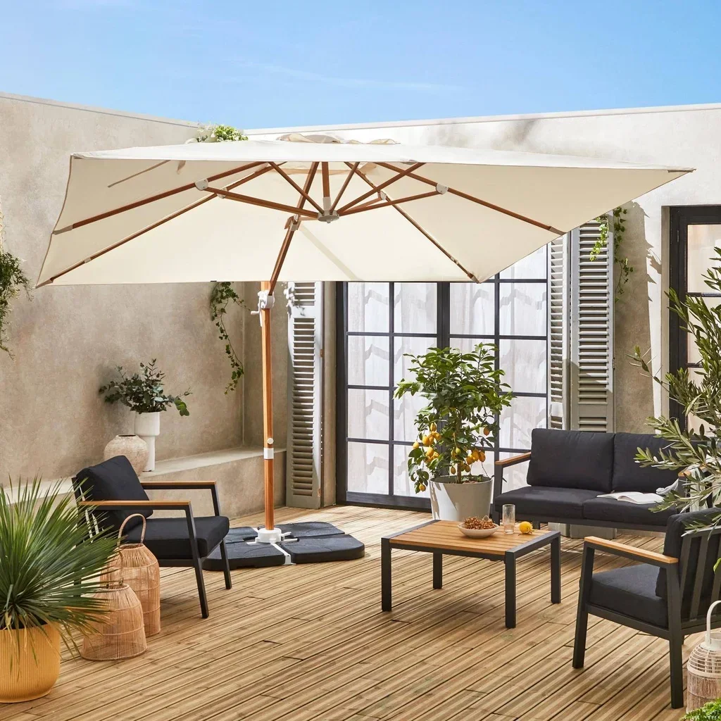 Parasol excentré carré 3x3 m mât aluminium effet bois Falgos