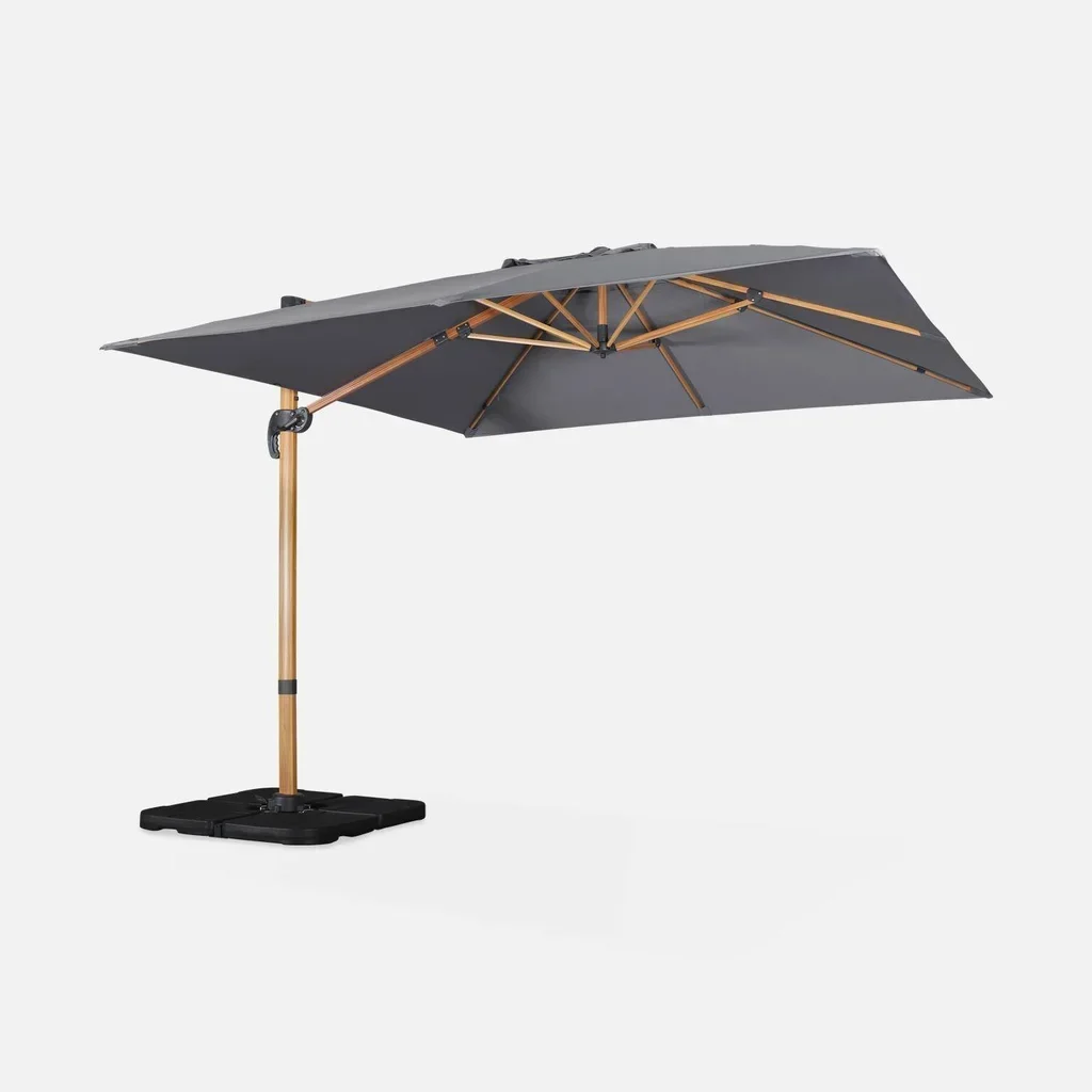 Parasol déporté carré 3x3m mât aspect bois 4 dalles lestage 50x50cm