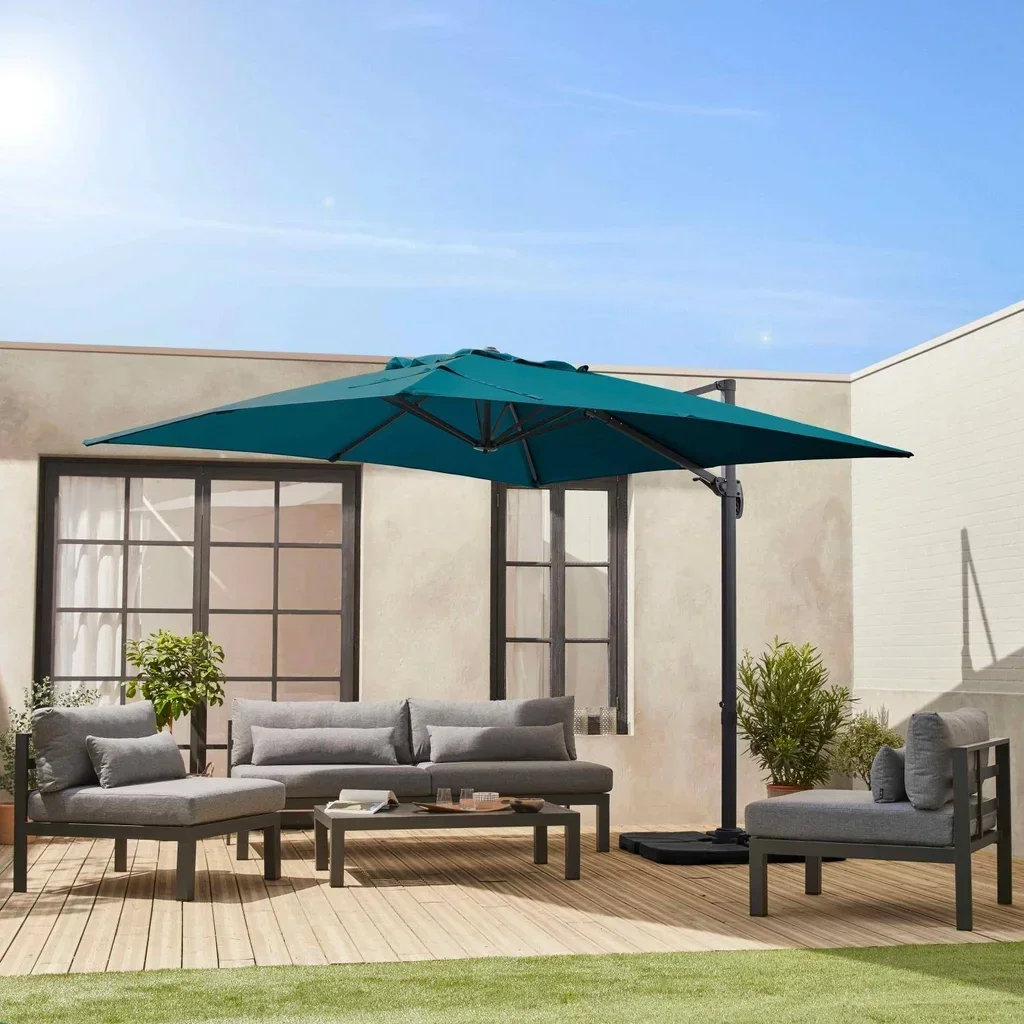 Parasol excentré carré 3x3m aluminium bleu canard Falgos