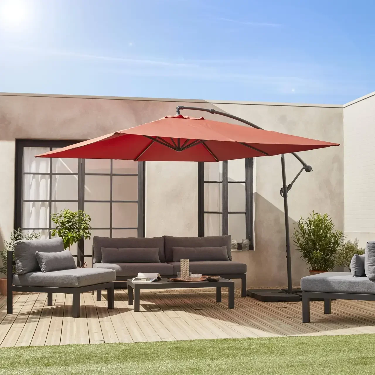 Parasol déporté carré 3x3m Hardelot avec manivelle et toile hydrofuge