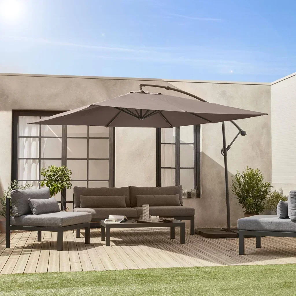 Parasol déporté carré 3x3m Hardelot - Toile polyester hydrofuge avec manivelle anti-retour et pied croix pour terrasse et jardin