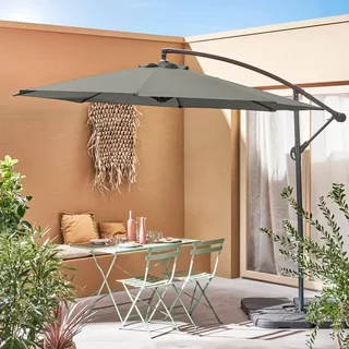 Parasol excentré circulaire Hardelot Ø300cm gris avec manivelle et pied croix