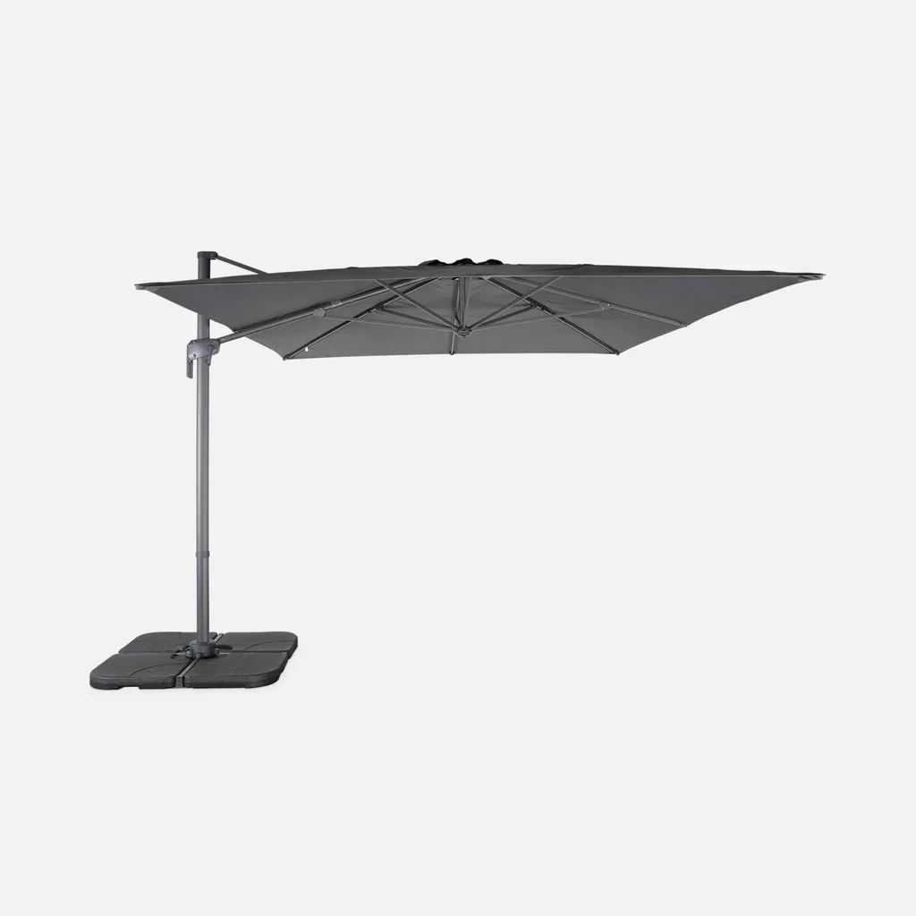 Parasol excentré rectangle 3x4 m aluminium gris charbon inclinable rotatif 360°