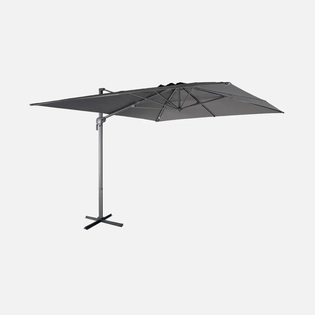 Parasol excentré rectangle 3x4 m aluminium gris charbon inclinable rotatif 360°