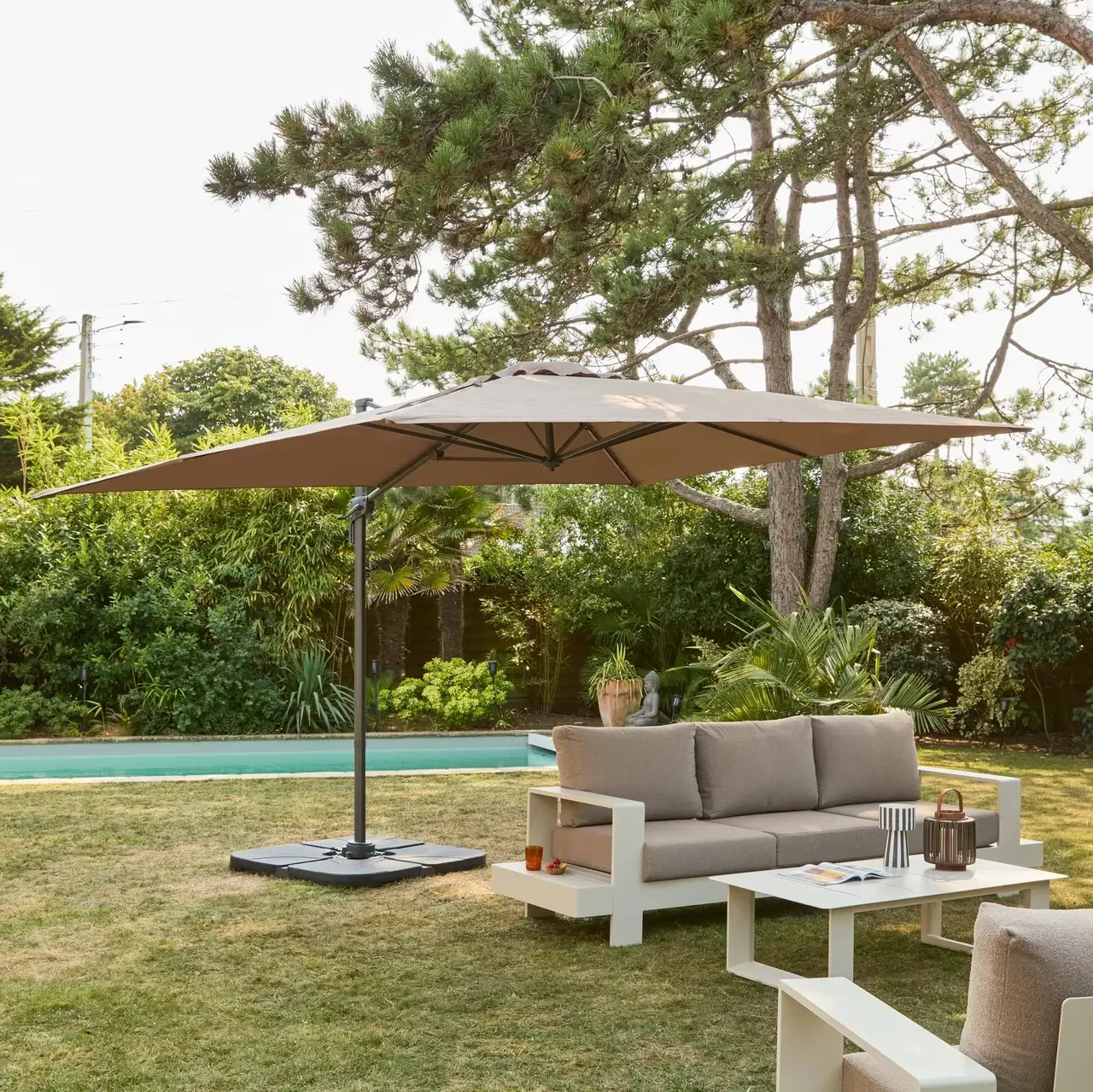 Parasol excentré rectangle 3x4m aluminium gris inclinable rotatif