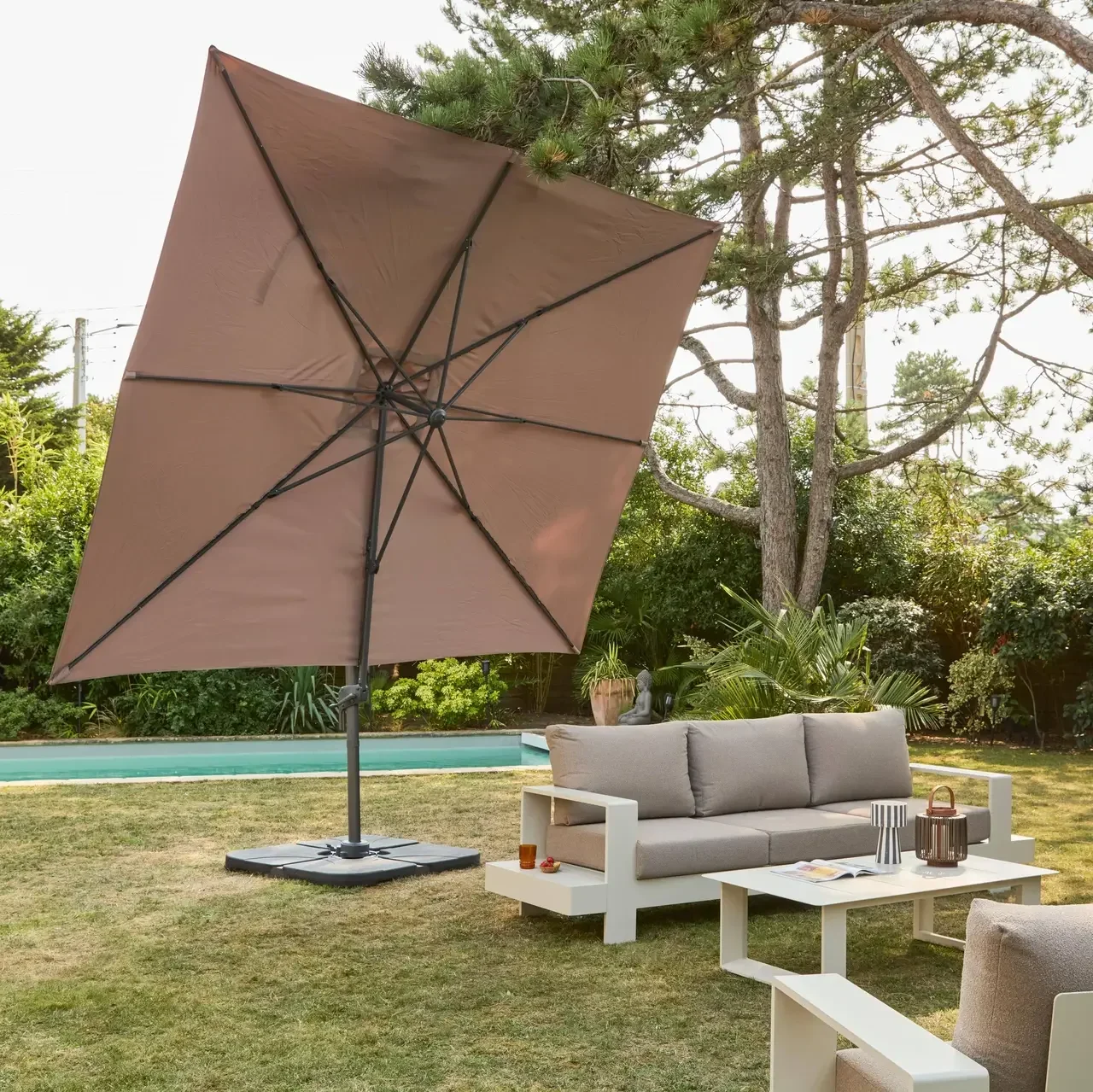 Parasol excentré rectangle 3x4m aluminium gris inclinable rotatif