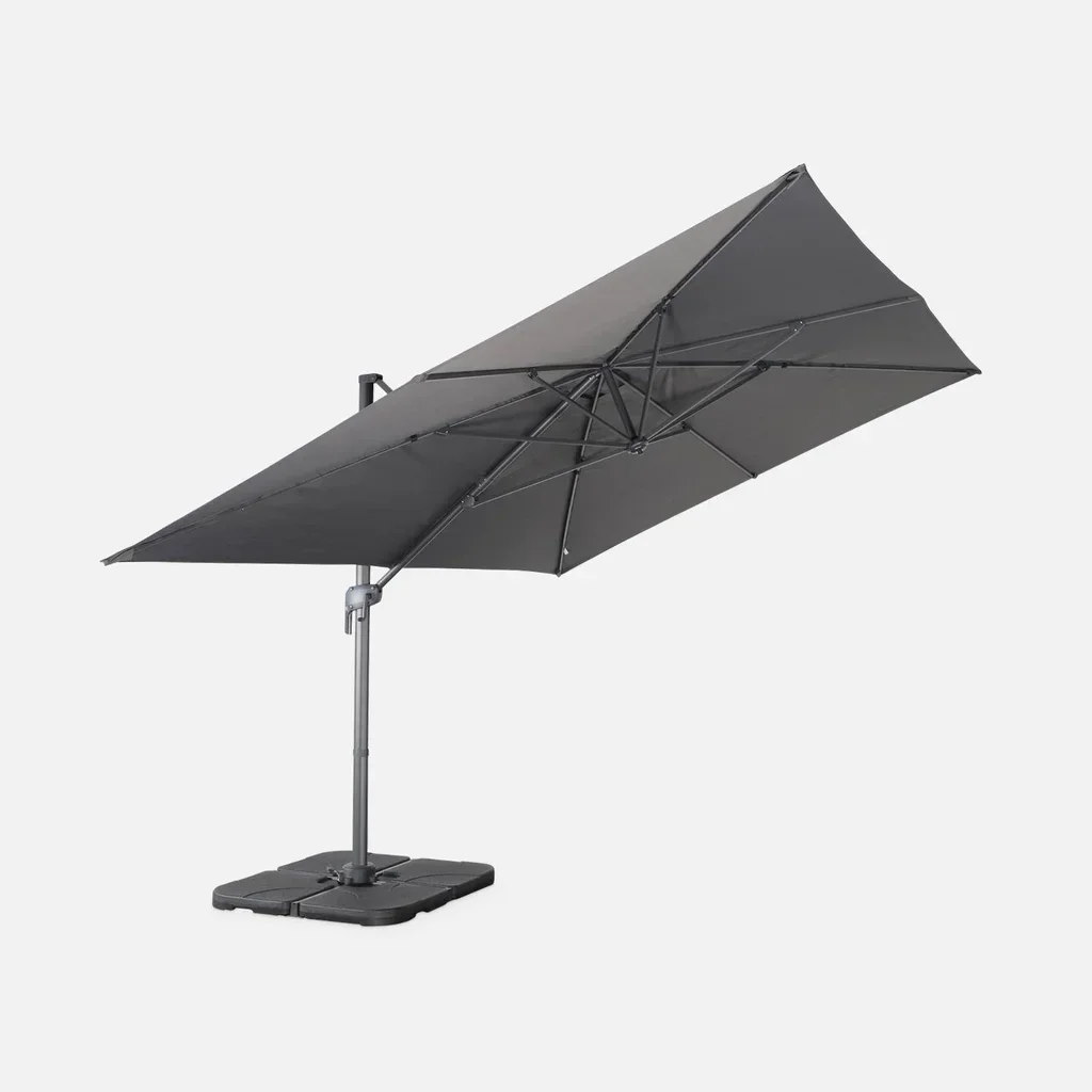 Parasol excentré rectangle 3x4 m aluminium gris charbon inclinable rotatif 360°