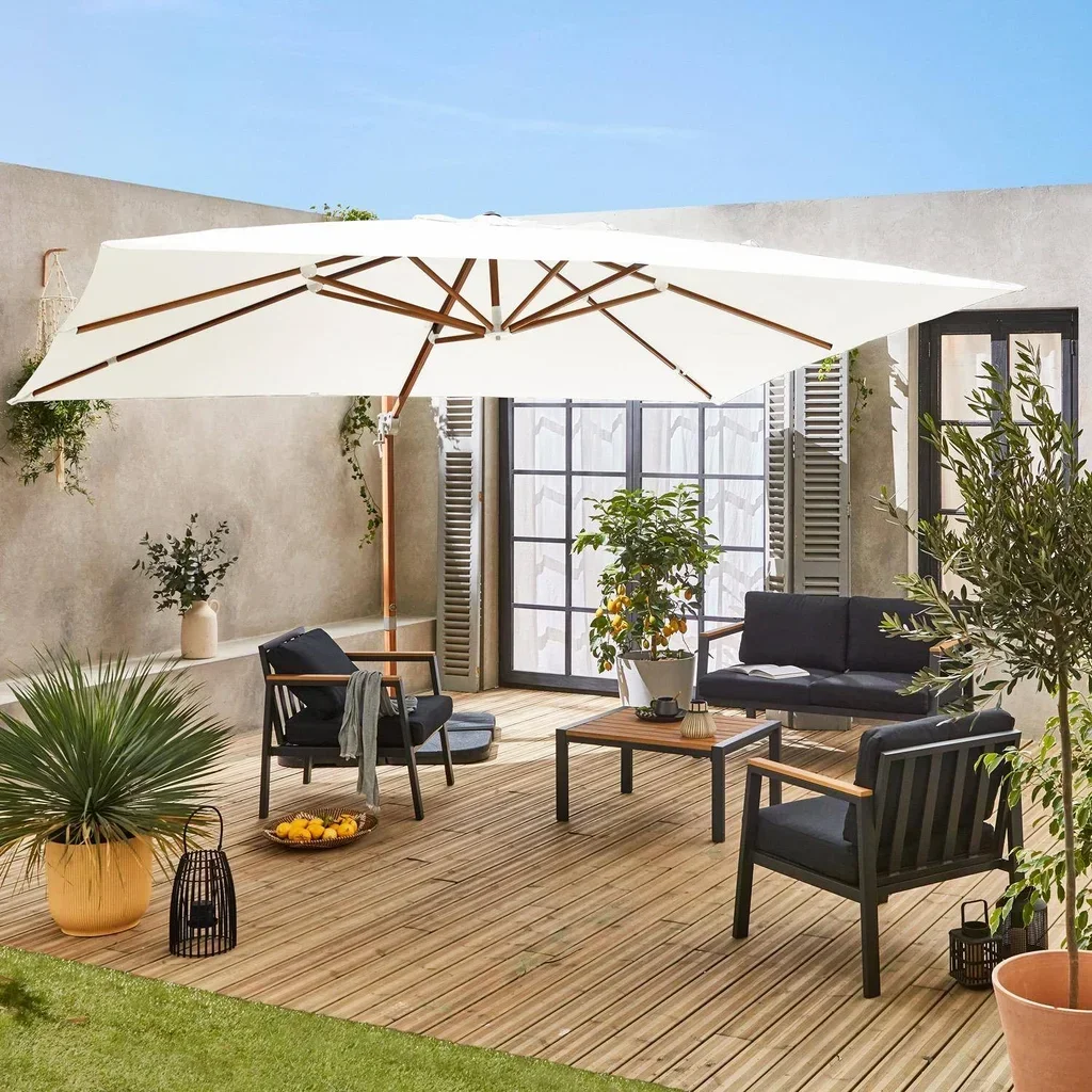 Parasol déporté rectangulaire 3x4m aluminium effet bois Wimereux