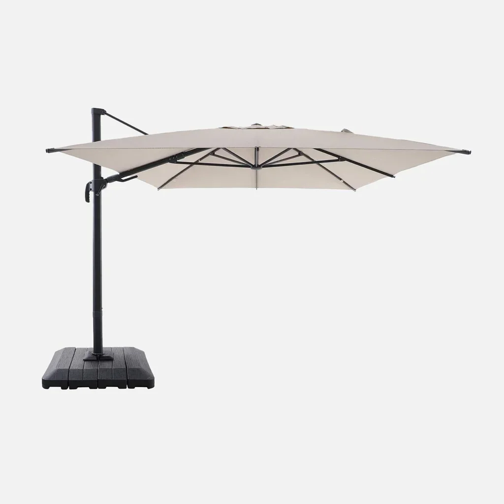 Parasol excentré rectangulaire 3x4m aluminium avec housse protection et kit lestage 4 dalles
