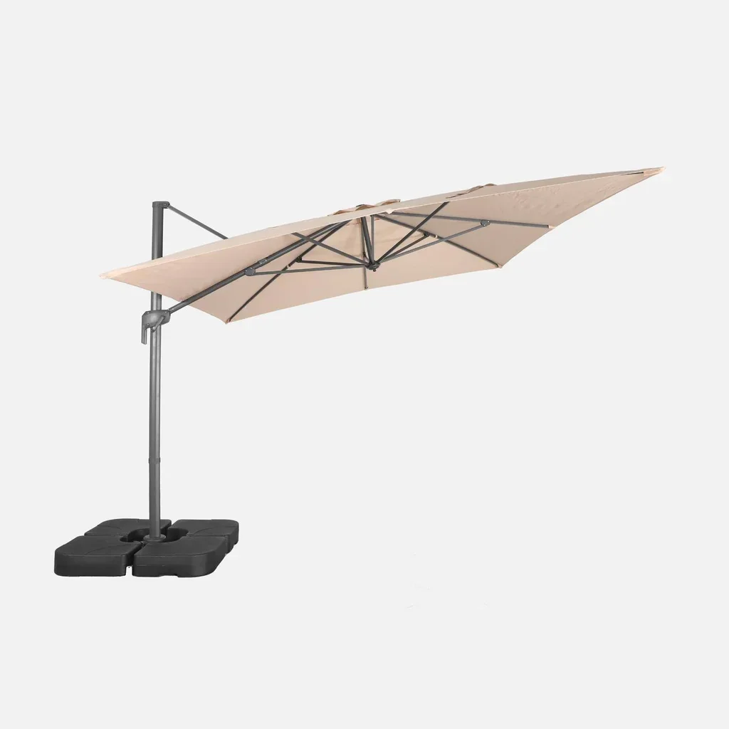Parasol excentré rectangulaire 3x4m beige avec socles de lestage 50x50cm