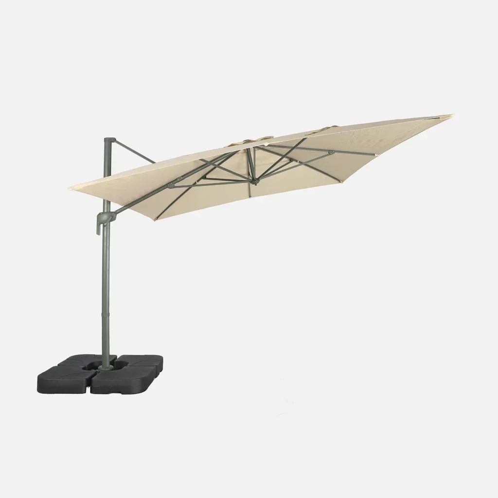 Parasol déporté rectangulaire 3x4m beige avec base à lester 50x50cm