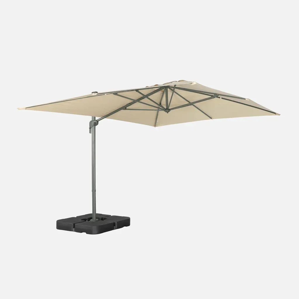 Parasol déporté rectangulaire 3x4m beige avec base à lester 50x50cm