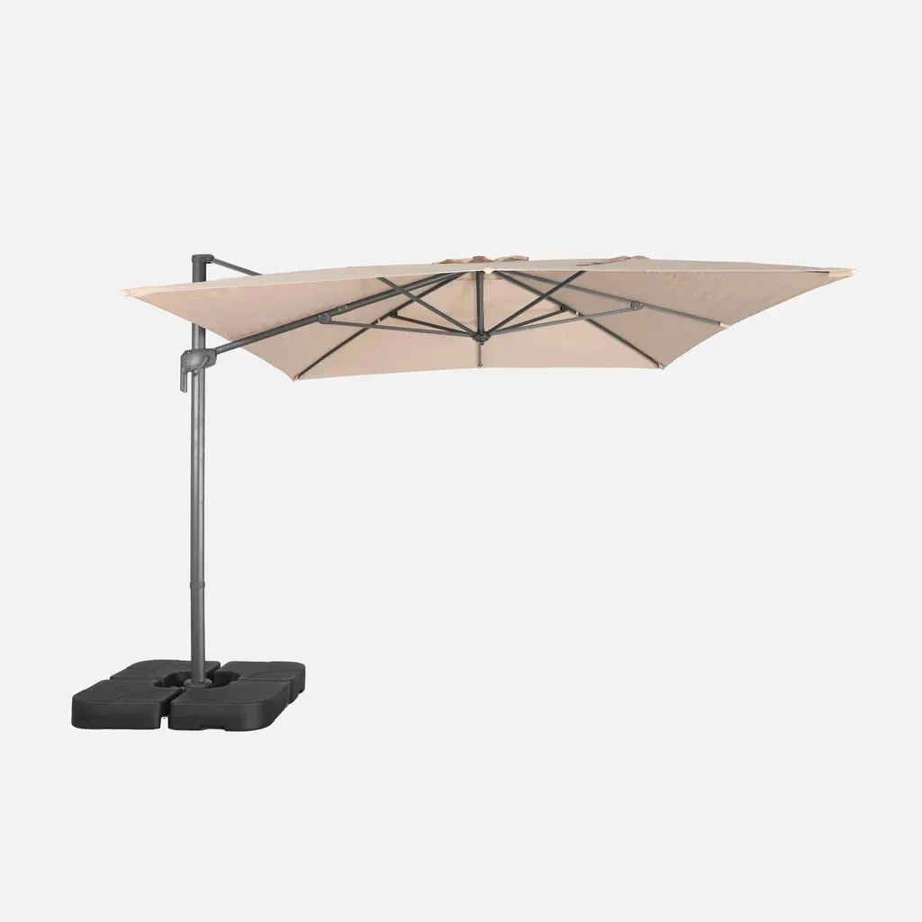 Parasol excentré rectangulaire 3x4m beige avec socles de lestage 50x50cm