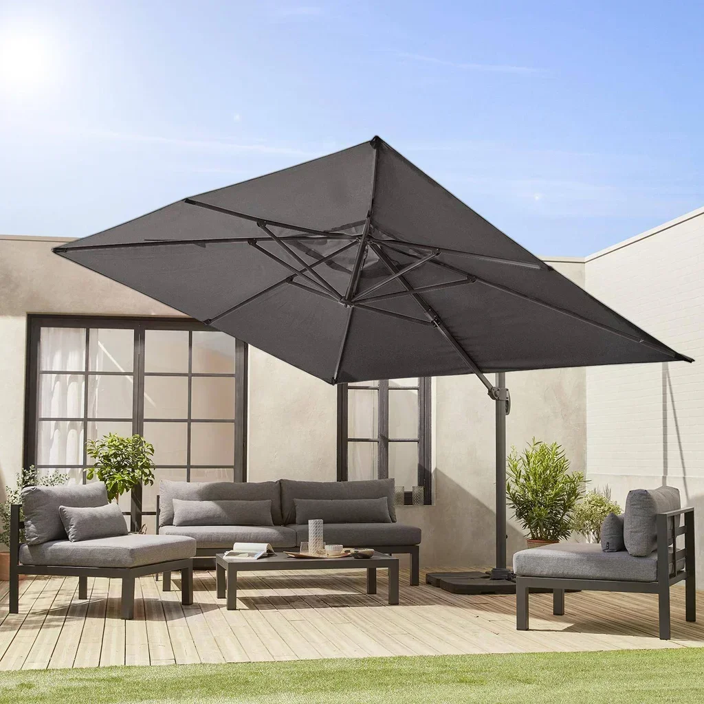 Rectangular offset cantilever parasol 3x4m Wimereux with weight base set
