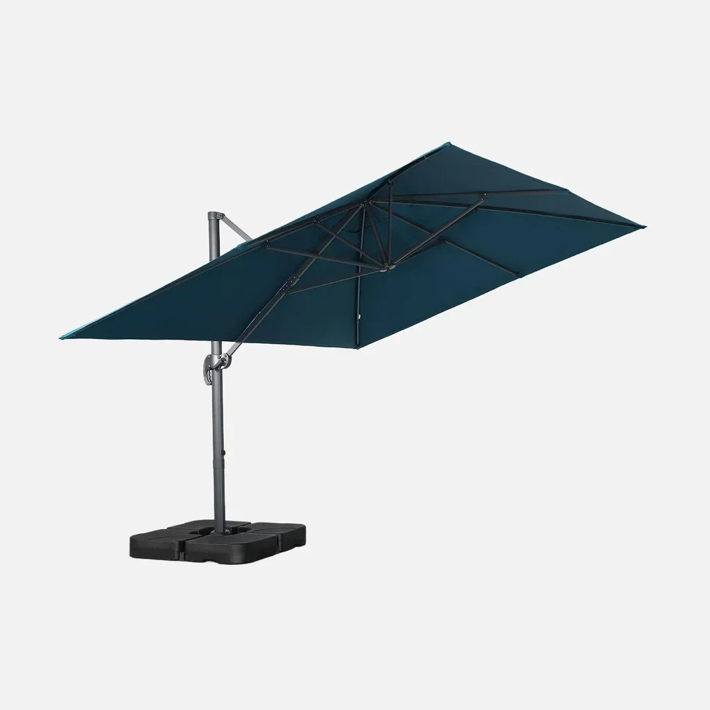 Parasol excentré rectangulaire 3x4m bleu canard avec base Fixeo 50x50cm