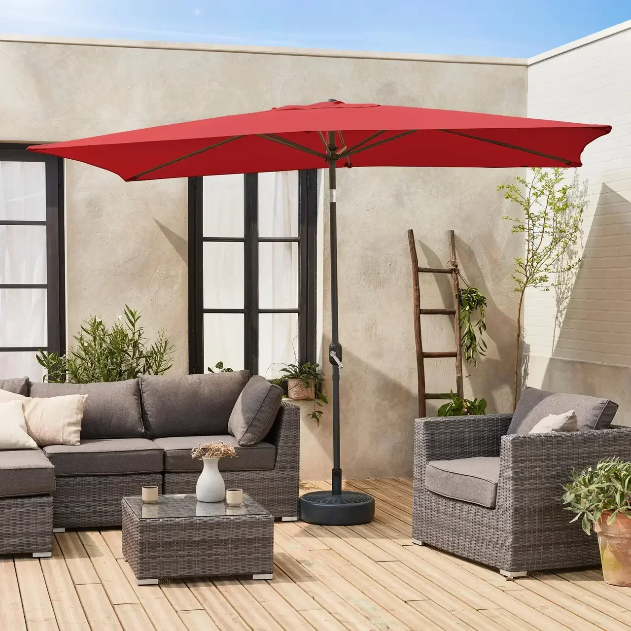 Parasol rectangulaire 2x3m aluminium turquoise mât central orientable jardin terrasse