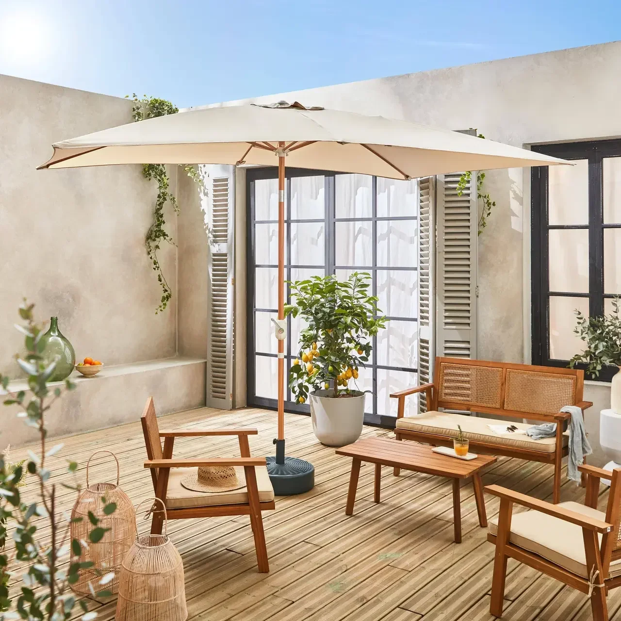 Parasol rectangulaire Touquet 2x3m mât bois - Sable