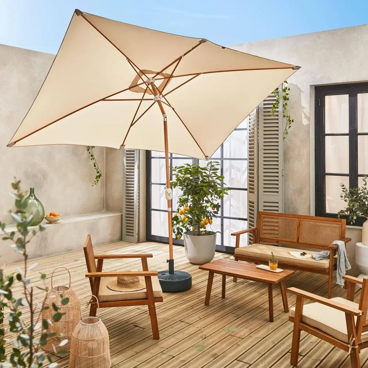 Parasol rectangulaire Touquet 2x3m mât bois - Sable