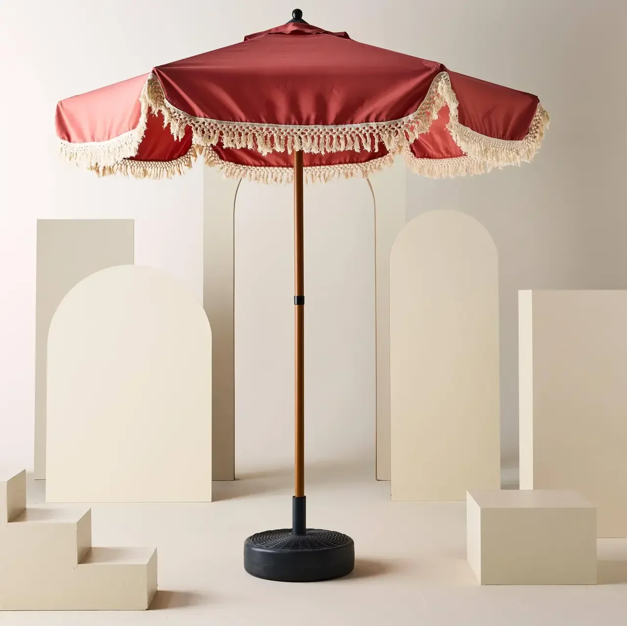 Parasol rond à franges Hossegor Ø200 cm acier effet bois